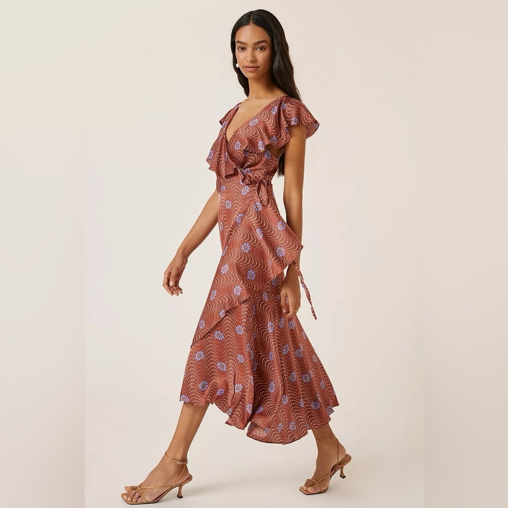 Anthropologie Ruffle Sleeve Printed Wrap Elegant Red Brick Brown Floral Dress